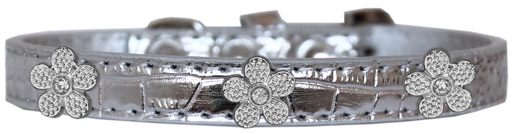 Silver Flower Widget Croc Dog Collar Silver Size 20